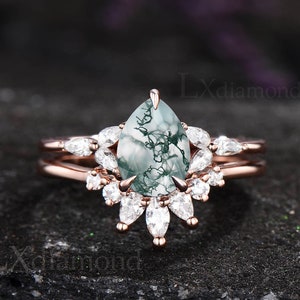 Green moss agate ring sterling silver ring pear shaped moss agate engagement ring set women flower ring unique promise anniversary ring gift