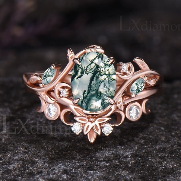 Art Deco Leaf Nature Inspired Engagement Ring Set Unique Oval Cut Natural Moss Agate Ring 14k Rose Gold Moon Ring 2pcs Bridal Ring Set Women