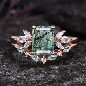 Unique Emerald Cut Natural Green Moss Agate Engagement Ring Set Vintage 14k Rose Gold Moissanite Cluster Ring Art Deco Seven Stone Ring