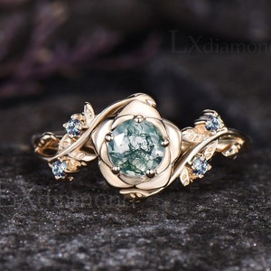 Unique Round Cut Natural Green Moss Agate Engagement Ring Vintage Rose Flower Leaf Nature Inspired Ring Art Deco Alexandrite Five Stone Ring