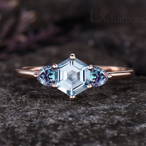 Unique Hexagon Cut Natural Aquamarine Engagement Ring March Birthstone Blue Gemstone Three Stone Ring 14k Rose Gold Alexandrite Promise Ring