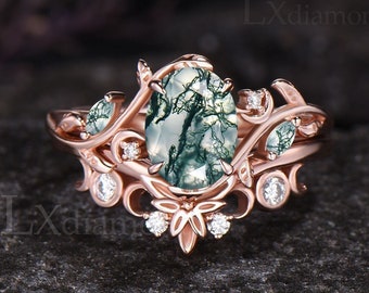 Art Deco blad natuur geïnspireerde verlovingsring set unieke ovaal geslepen natuurlijke mos Agaat ring 14k Rose Gold maan ring 2 stuks bruids ring set vrouwen