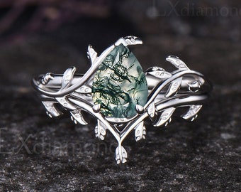 Vintage Pear Cut Natural Green Moss Agate Engagement Ring Set Unique Leaf Vine Twig Branch Nature Inspired Wedding Ring Set Gift For Women