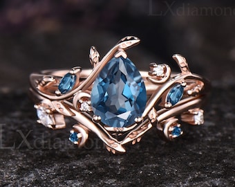 Unique Pear Cut December Birthstone Natural London Blue Topaz Engagement Ring Set Art Deco Moon Leaf Nature Inspired Ring Christmas Jewelry