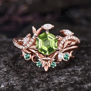 Art Deco Leaf Nature Inspired Engagement Ring Set Unique Hexagon Cut Natural Peridot Ring Moissanite May Birthstone Emerald Ring Bridal Gift