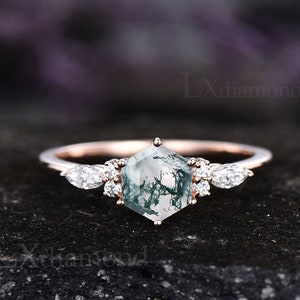Green moss agate ring gold moss agate engagement ring rose gold 925 sterling silver ring 7 stone diamond ring vintage moissanite ring women