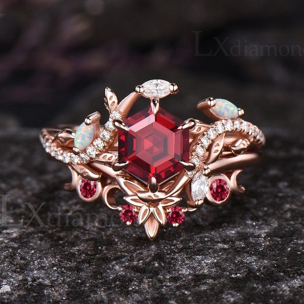 Vintage Hexagon Cut Ruby Engagement Ring Set Unique Opal Leaf Nature Inspired Moon Ring Art Deco 14k Rose Gold 2pcs Bridal Ring Set Women