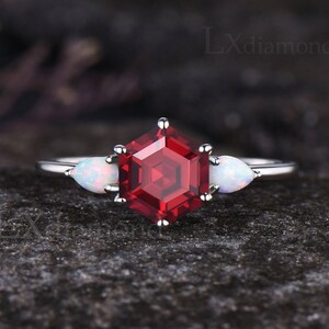 Delicate Hexagon Cut Ruby Engagement Ring Dainty July Birthstone Red ...
