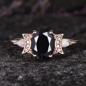 Oval Cut Black Onyx Engagement Ring Unique October Birthstone Opal Ring Moissanite Moon Cluster Ring Art Deco 14k Rose Gold Custom Ring