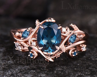 Unique Oval Cut Natural London Blue Topaz Engagement Ring Set Leaf Moon Nature Inspired Ring Set December Birthstone 2pcs Bridal Ring Set