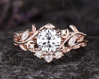 Unique Moon Leaf Nature Inspired Wedding Ring Set Round Cut Moissanite Engagement Ring Set Art Deco 14k Rose Gold 2pcs Bridal Ring Set Women