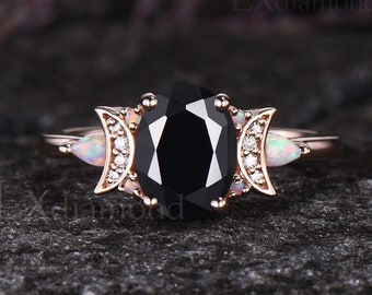 Oval Cut Black Onyx Engagement Ring Unique October Birthstone Opal Ring Moissanite Moon Cluster Ring Art Deco 14k Rose Gold Custom Ring