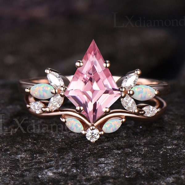 Ensemble unique de bague de fiançailles en saphir papalacha taillée avec cerf-volant, bague en grappe d'opale moissanite en or rose 14 carats pour femme, bague en saphir Padparadscha pour femme