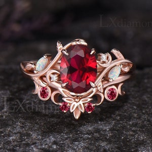 Unique Oval Cut Ruby Engagement Ring Set Vintage July Birthstone Ring Art Deco Leaf Nature Inspired 2pcs Bridal Ring Set Opal Moon Ring