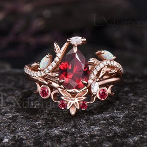 Unique Leaf Nature Inspired Engagement Ring Set Vintage July Birthstone Pear Cut Ruby Ring October Birthstone Opal Moon 2pcs Bridal Ring Set