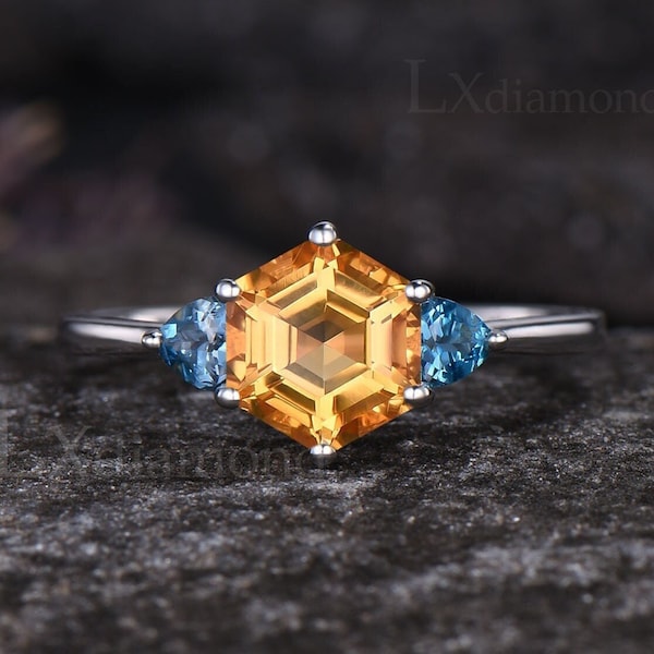 Unique Hexagon Cut Natural Citrine Engagement Ring Vintage Natural London Blue Topaz Three Stone Ring Art Deco Promise Gift For Women