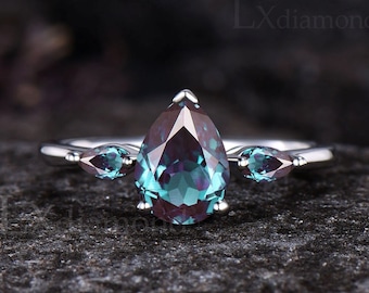 Unique Teardrop Alexandrite Engagement Ring Delicate June Birthstone Color Change Stone Ring Art Deco 14k White Gold Anniversary Ring Women