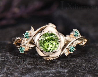 Round Cut Natural Peridot Engagement Ring Unique Green Gemstone Emerald Wedding Ring Vintage Leaf Nature Inspired Rose Flower Bridal Ring