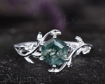 Hexagon cut moss agate ring 925 sterling silver ring moss agate engagement ring branches leaf twig nature inspired ring anniversary gift