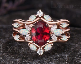 Vintage Oval Cut Ruby Engagement Ring Set July Birthstone Ring Art Deco Opal Moissanite Cluster Ring Red Gemstone 3pcs Bridal Ring Set Women