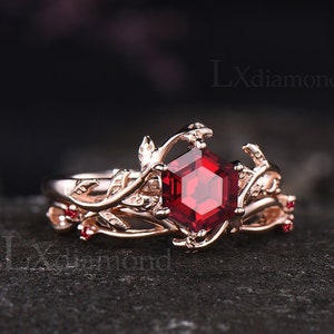 Unique Leaf Nature Inspired Ring Vintage Hexagon Ruby Engagement Ring Set Rose Gold Sterling Silver July Birthstone 2pcs Bridal Ring Set