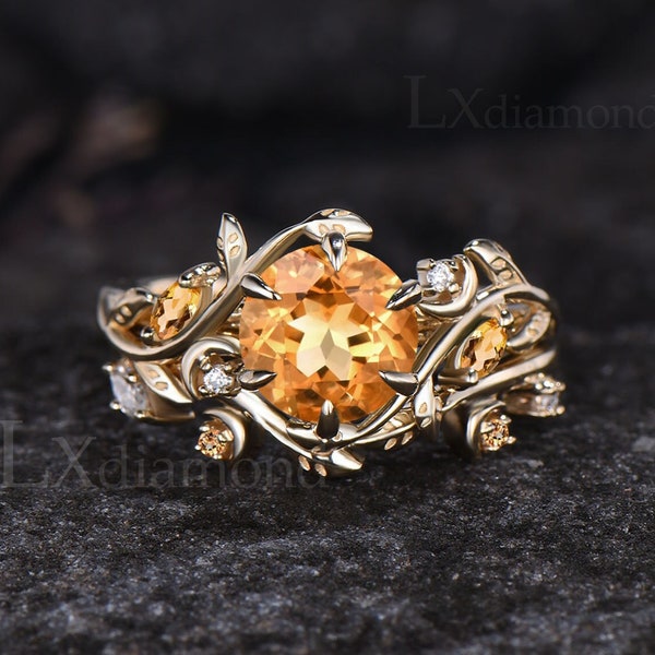 Unique Round Cut Natural Citrine Engagement Ring Set Art Deco Leaf Nature Inspired Ring Moon Ring Women 14k Yellow Gold 2pcs Bridal Ring Set