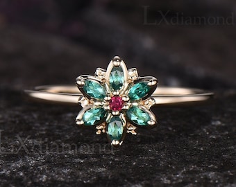 Minimalist July Birthstone Round Ruby Ring Delicate May Birthstone Emerald Halo Promise Ring Art Deco Flower Ring Nature Inspired Jewelry