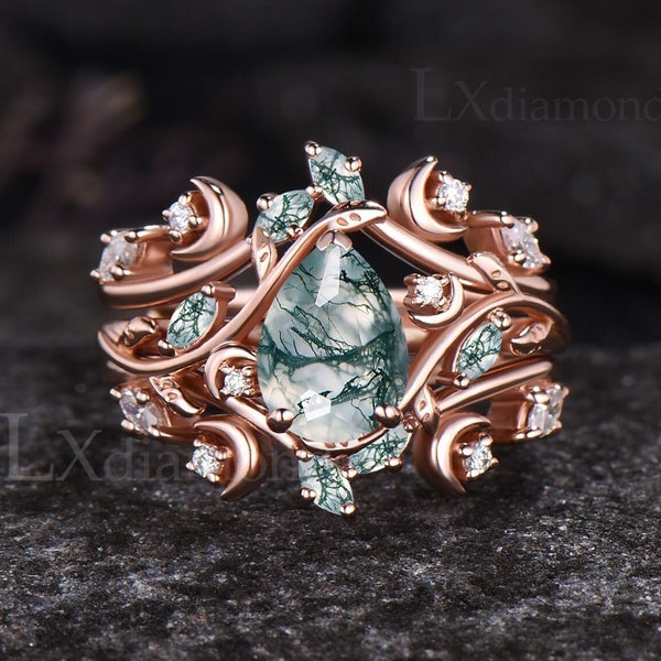 Unique Pear Cut Natural Moss Agate Engagement Ring Set Vintage Leaf Nature Inspired Wedding Ring Art Deco Moon Ring 3pcs Bridal Ring Set