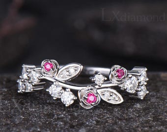 Ruby Flower Vine Ring, Cluster Round Moissanite Leaf Wedding Band, Floral Botanical Ring, 14k White Gold Nature Inspired Jewelry For Women