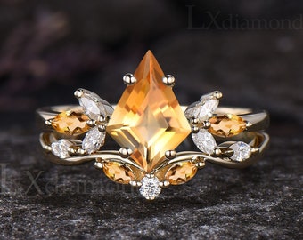 Delicate Kite Cut Natural Citrine Engagement Ring Set Unique November Birthstone Yellow Crystal Ring 14k Yellow Gold Bridal Ring Set Women