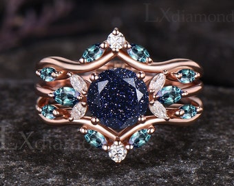 Juego de anillos de compromiso de piedra arenisca azul de corte redondo de galaxia, delicado anillo de racimo de Alejandrita con piedra natal de junio, oro rosa de 14 k, juego de 3 anillos nupciales