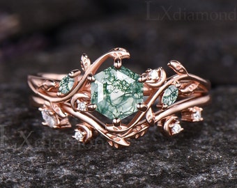 Art Deco Leaf Nature Inspired Engagement Ring Set Hexagon Cut Natural Green Moss Agate Wedding Ring Set Unique 14k Rose Gold Moon Ring Women