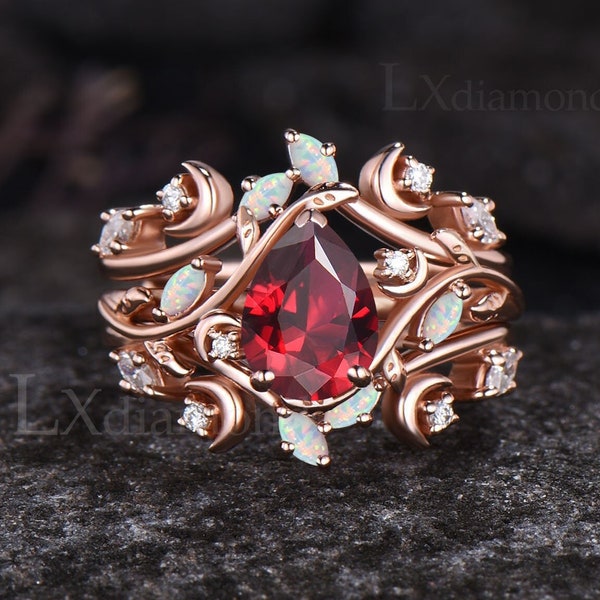 Vintage Leaf Nature Inspired Engagement Ring Set Unique Pear Cut Ruby Wedding Ring Art Deco 3pcs Bridal Ring Set Opal Moon Ring Women Gift