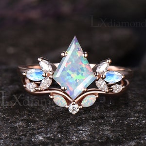 Unique Kite Cut White Opal Engagement Ring Set Vintage Marquise Moonstone Seven Stone Ring Art Deco October Birthstone 2pcs Bridal Ring Set