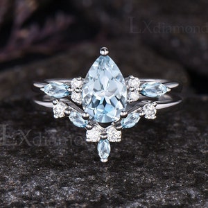 Unique Pear Cut Natural Aquamarine Engagement Ring Set Art Deco 14k White Gold Seven Stone Ring March Birthstone 2pcs Bridal Ring Set Women