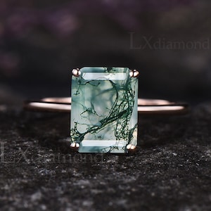 Delicate Emerald Cut Natural Green Moss Agate Engagement Solitaire Ring Dainty 14k Rose Gold Sterling Silver Green Agate Ring Custom Gift