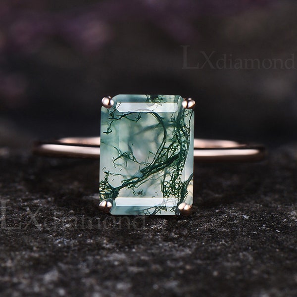 Delicate Emerald Cut Natural Green Moss Agate Engagement Solitaire Ring Dainty 14k Rose Gold Sterling Silver Green Agate Ring Custom Gift