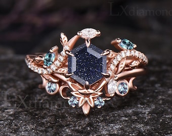Galaxy Hexagon Cut Blue Sandstone Engagement Ring Set Unique Leaf Nature Inspired Wedding Ring Set Moissanite Alexandrite Ring Moon Jewelry