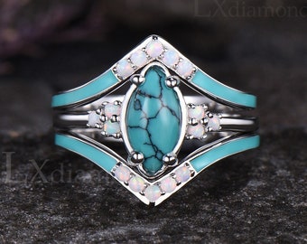 Marquise Cut Natural Turquoise Engagement Ring Set Round Opal Enamel Drop Oil Ring Blue Gemstone December Birthstone 3pcs Bridal Ring Set