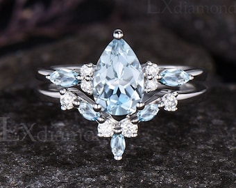 Unique Pear Cut Natural Aquamarine Engagement Ring Set Art Deco 14k White Gold Seven Stone Ring March Birthstone 2pcs Bridal Ring Set Women