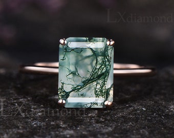 Delicate Emerald Cut Natural Green Moss Agate Engagement Solitaire Ring Dainty 14k Rose Gold Sterling Silver Green Agate Ring Custom Gift