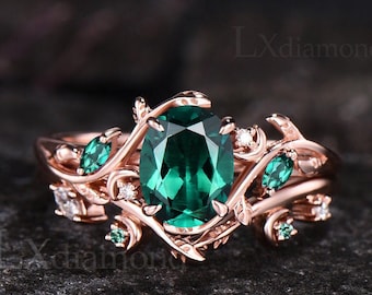 Branch Crescent Oval Cut Emerald Engagement Ring Set Unique 14k Rose Gold Leaf Vine Twig Nature Inspired Ring Moon Art Deco Wedding Ring Set