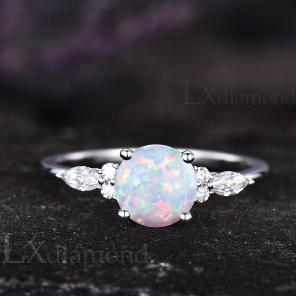 Dianty white opal ring 925 sterling silver vintage unique opal engagement ring art deco simulated diamond ring 7 stone wedding ring gifts