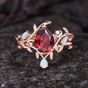 Vintage Pear Cut Ruby Engagement Ring Set Art Deco Leaf Nature Inspired Ring Moon Ring Antique October Birthstone Opal Ring Set For Women