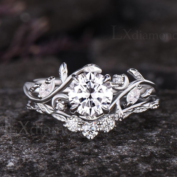 Unique Moon Leaf Nature Inspired Wedding Ring Set 1ct Round Diamond Moissanite Engagement Ring Set 14k White Gold 2pcs Bridal Ring Set Women