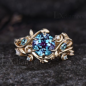 Art Deco June Birthstone Round Alexandrite Engagement Ring Set Unique Leaf Nature Inspired Moon Ring 14k Yellow Gold 2pcs Bridal Ring Set