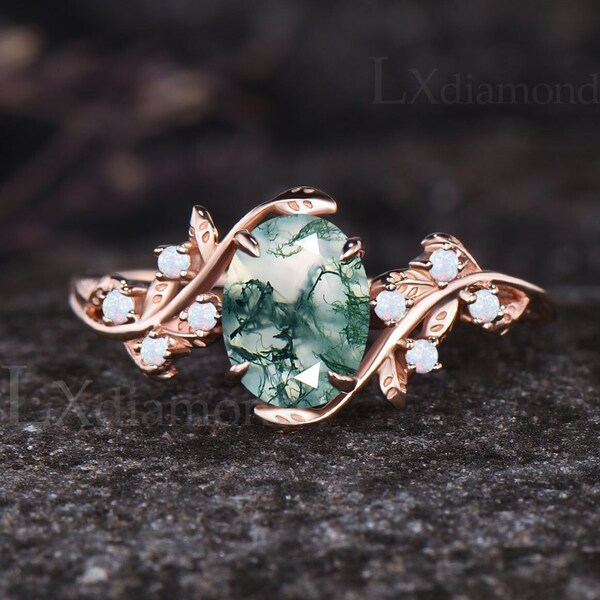 Art Deco Leaf Nature Inspired Engagement Ring Unique Oval Cut Natural Green Moss Agate Wedding Ring October Birthstone Opal Cluster Ring