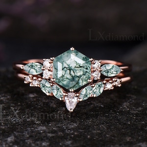 Hexagon Cut Natural Moss Agate Engagement Ring Set Unique 14k Rose Gold Green Agate Wedding Ring Vintage Moissanite 2pcs Bridal Ring Set