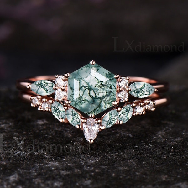 Hexagonslipad naturlig mossagat förlovningsring set Unik 14k roséguld grön agat vigselring Vintage moissanit 2-delars brudring set