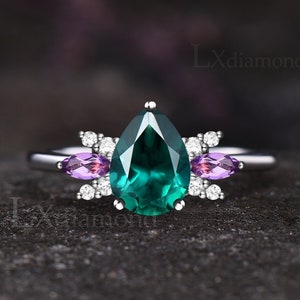 Teardrop Emerald Engagement Ring Unique Marquise Amethyst Round Diamond Moissanite Cluster Ring Art Deco May Birthstone Bridal Ring Women